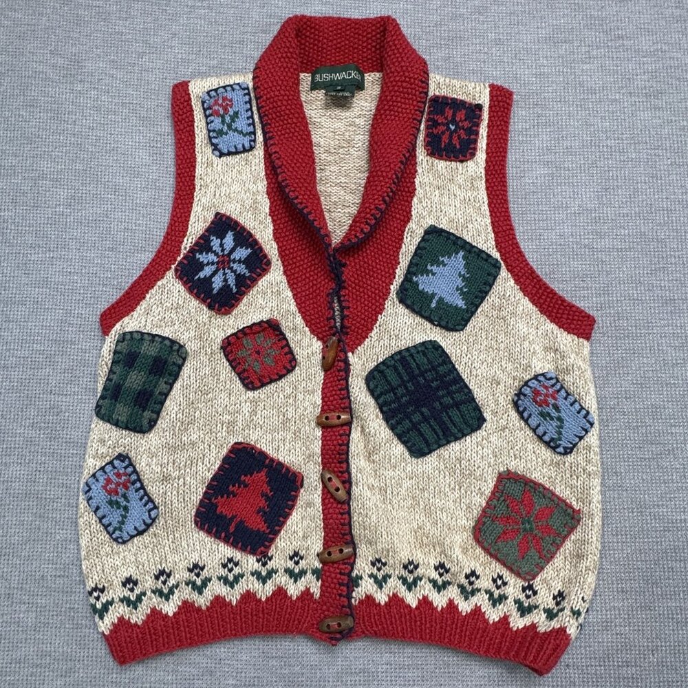 Vtg Bushwacker Womens Small Patchwork Holiday Sweater Vest Red Beige Button Knit - Picture 4 of 15